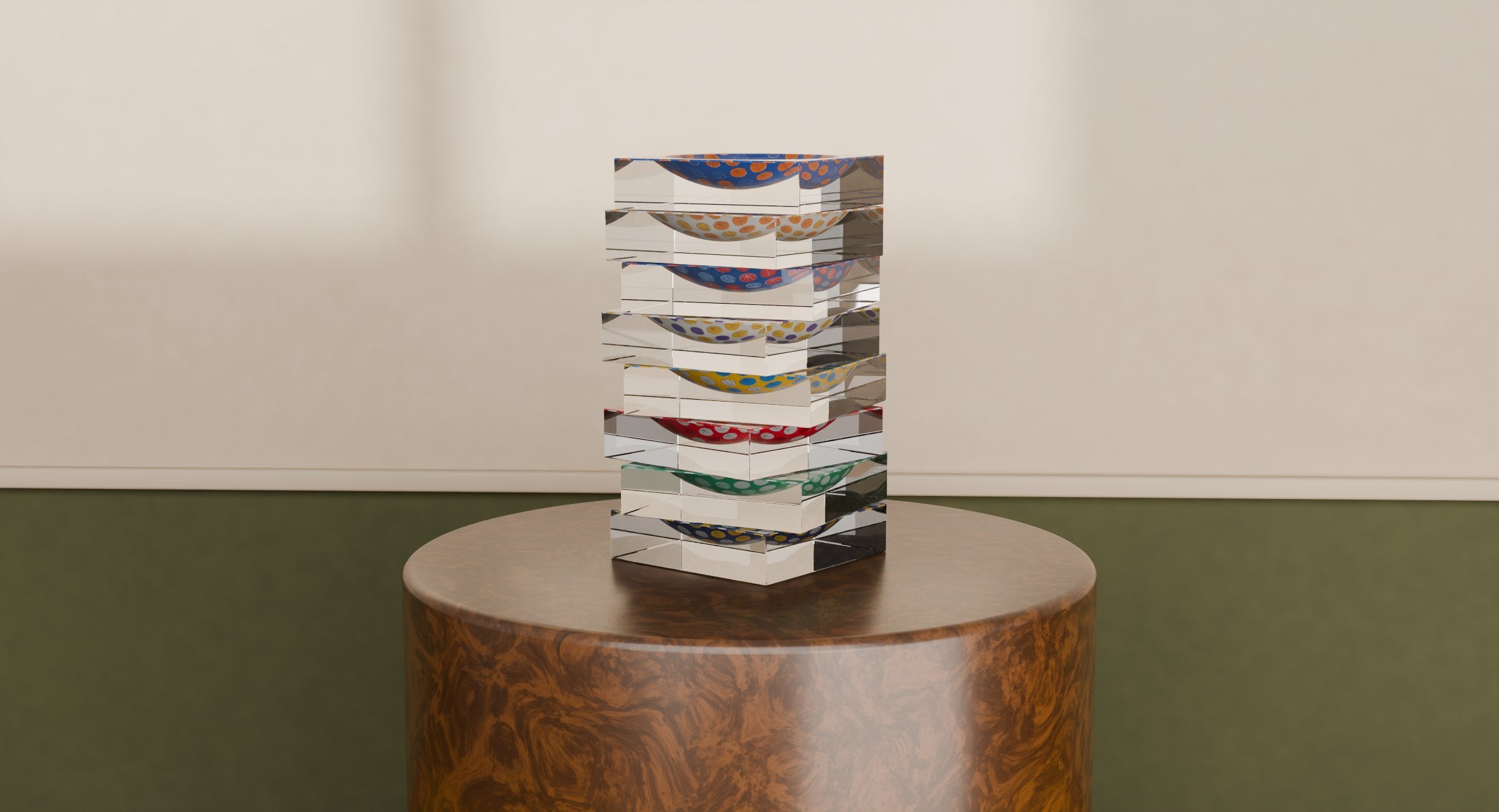 All eight Lucky Hoops candy dishes stacked on a burl-wood pedestal against an ivory and olive wall